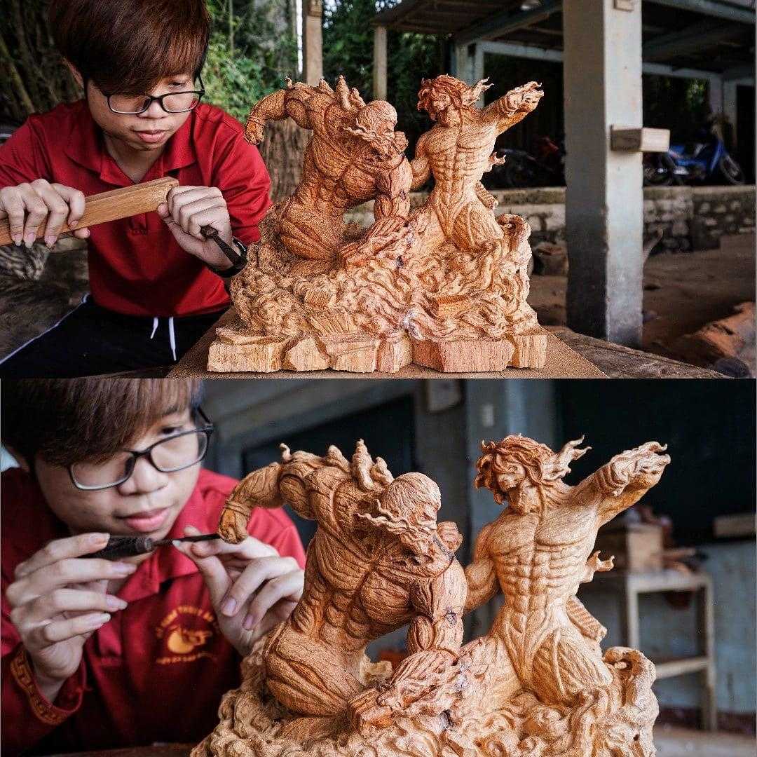 wood carving of a dragon and a man with a wooden stick