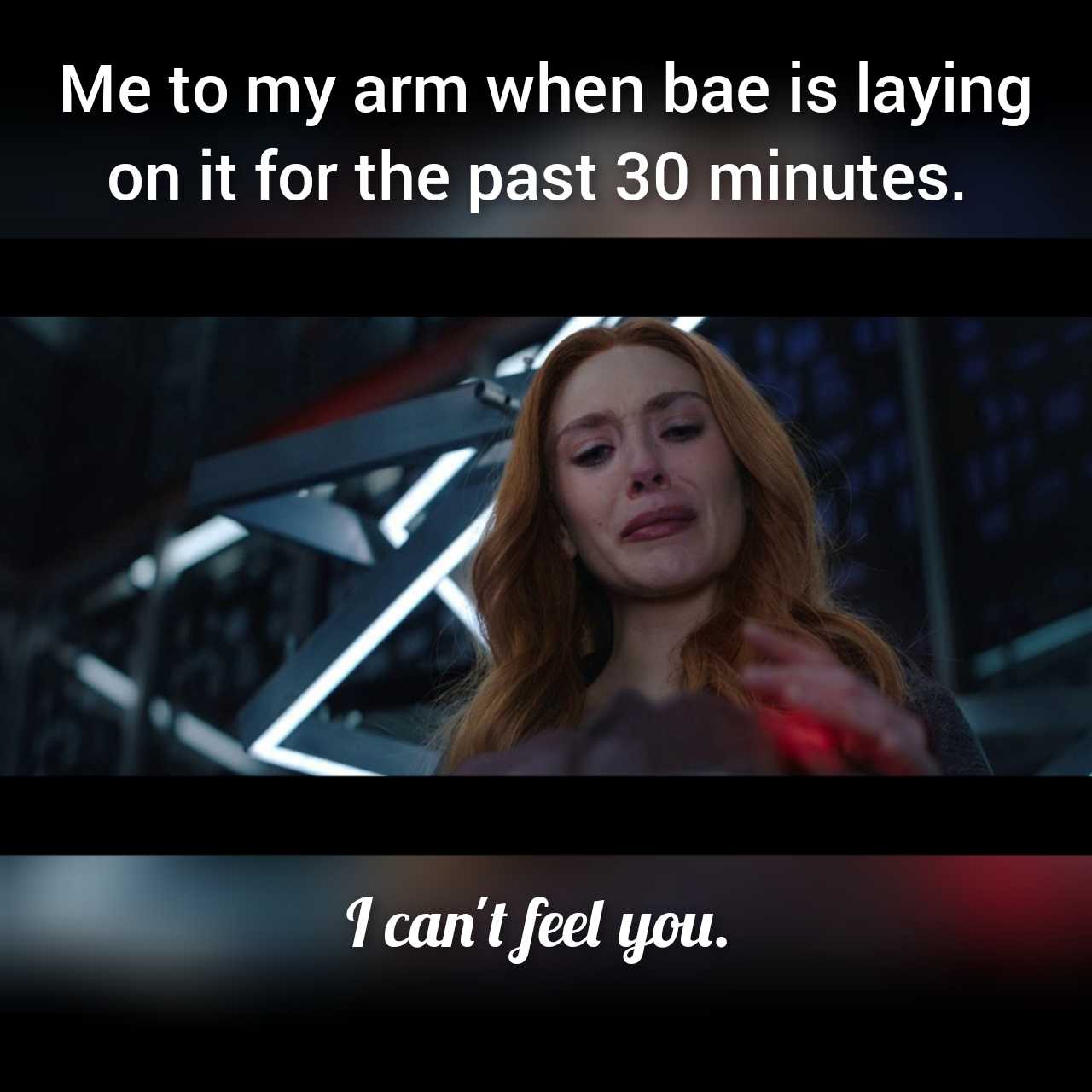 image of a woman with a red hair and a caption that reads me to my arm when baes laying on it for the past 30 minutes i can ' t