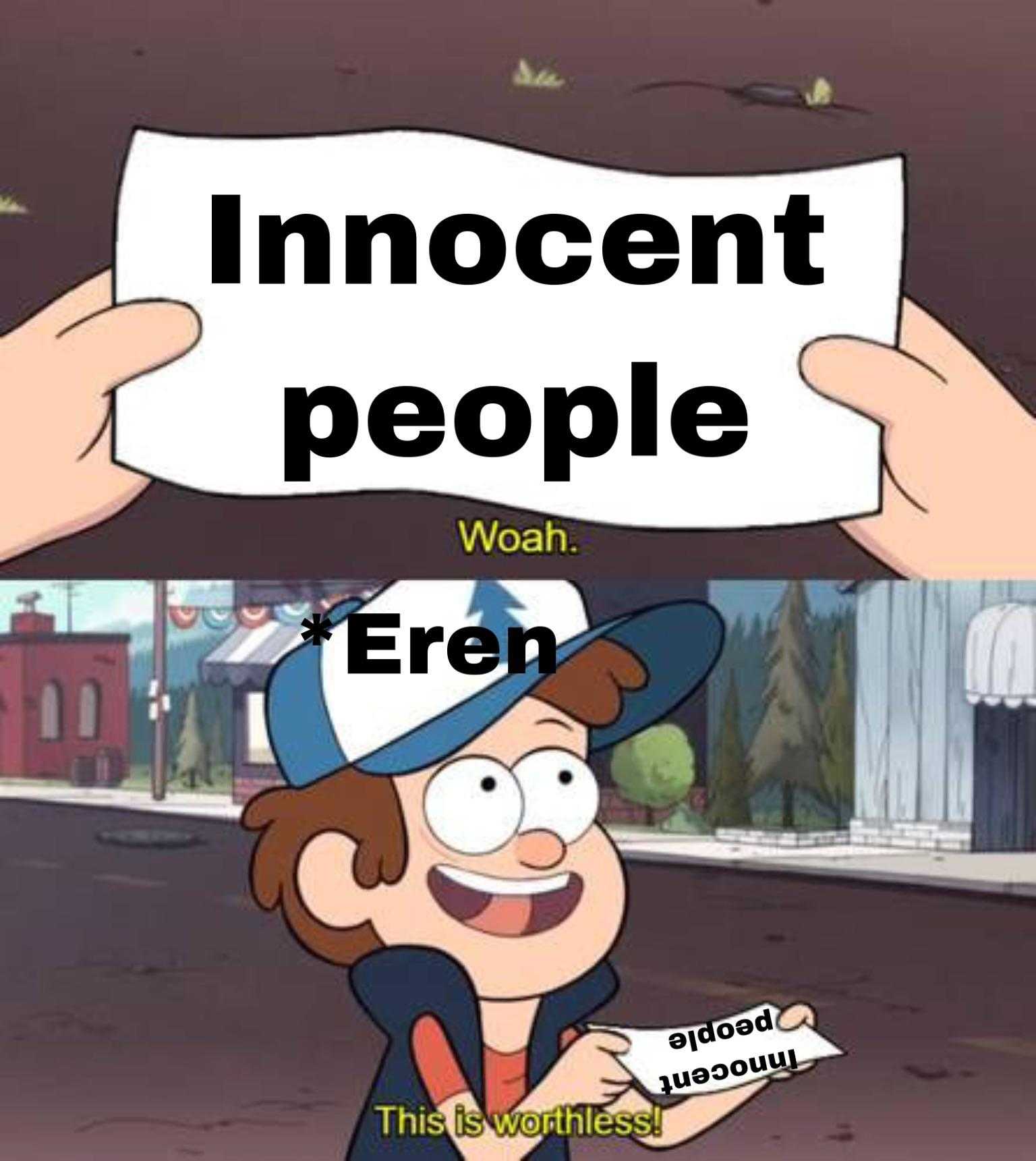 a cartoon picture of a man holding a sign that says innocent people wear eren