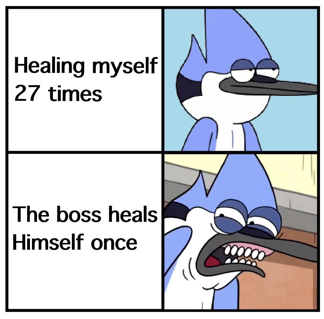 a cartoon picture of a bird with a long beak and a caption saying, healing myself 2 times the boss heals himself once