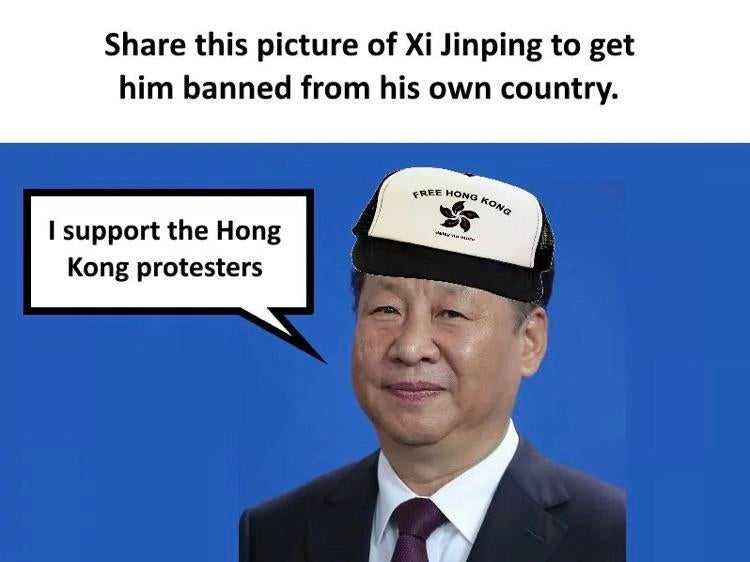 image of a man wearing a hat with a message saying, ' share this picture of xi jinping to get him banned from his own country i support the hong protesters