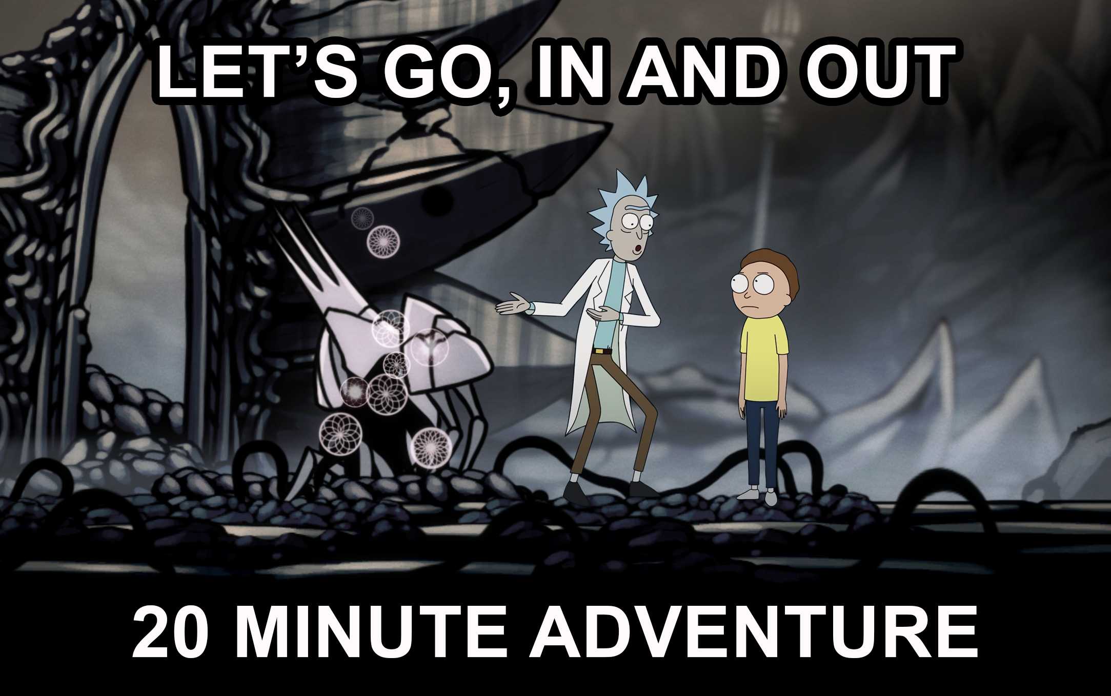 cartoon of rick rick and mort in a cave with a text that reads let ' s go in and out