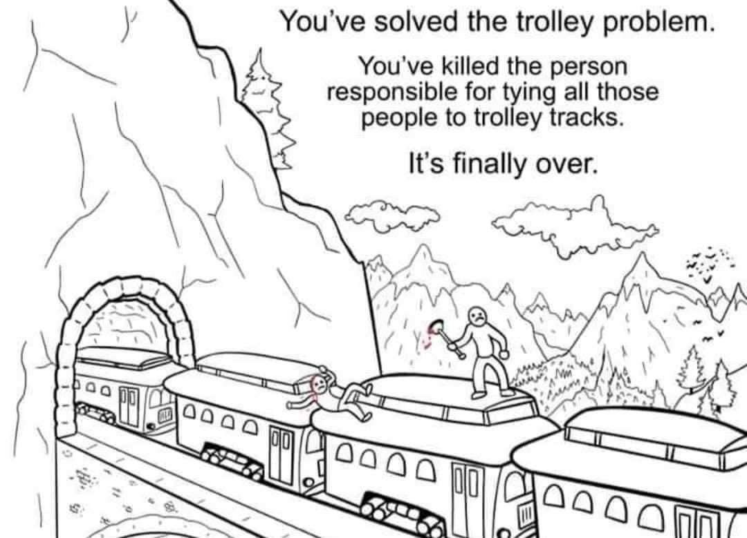 a cartoon of a train traveling through a mountain with a man on the track