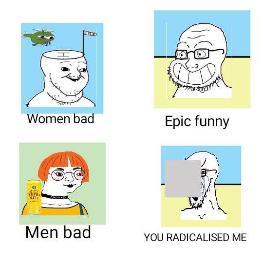 a cartoon picture of four different faces with a caption of women bad epic funny men bad you radicalised me