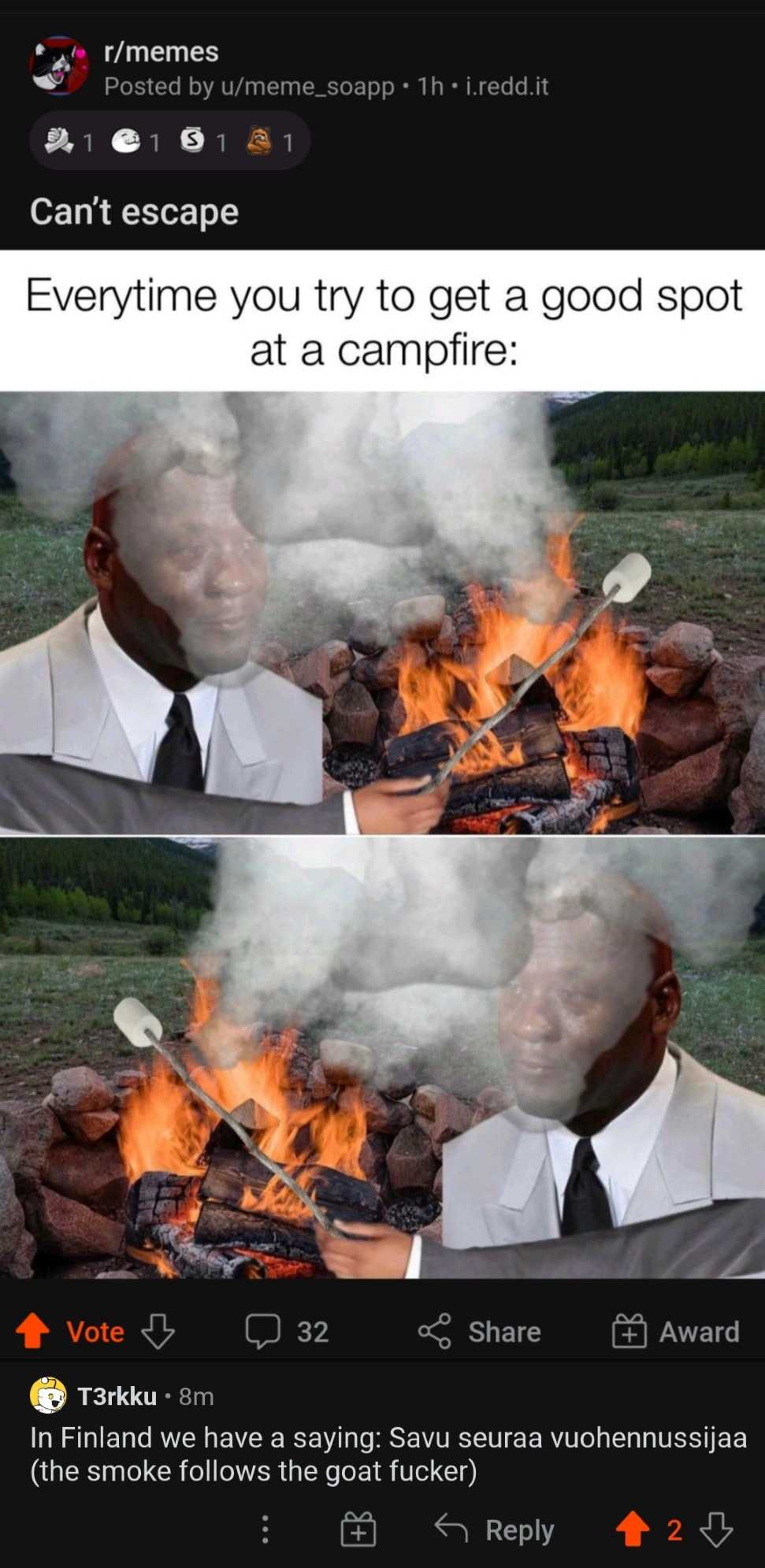 a close up of a person in a suit and tie near a fire