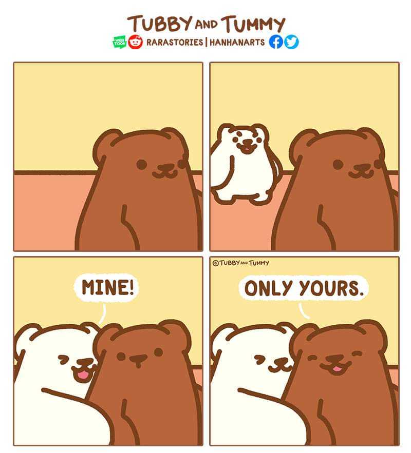 a cartoon of a bear hugging another bear with a caption