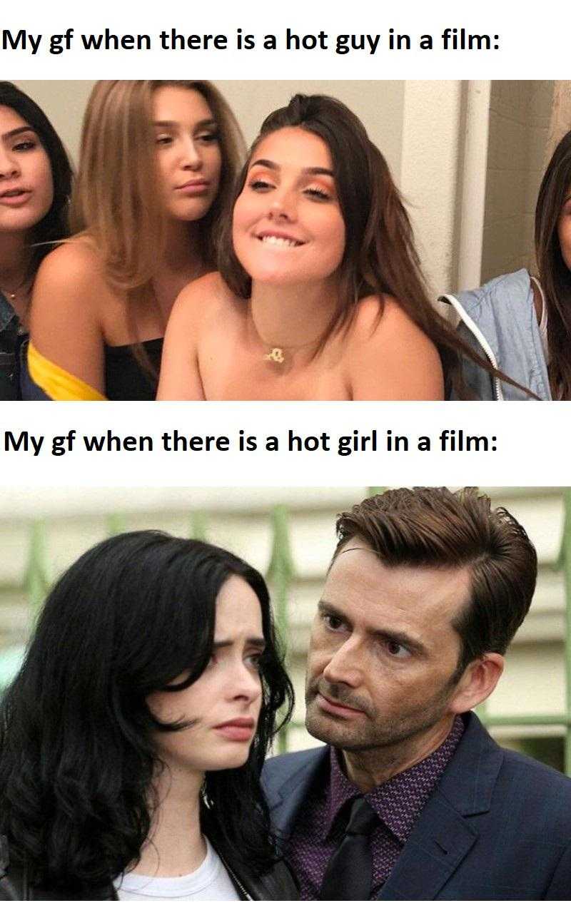 there are two pictures of a man and a woman with a hot girl in a film