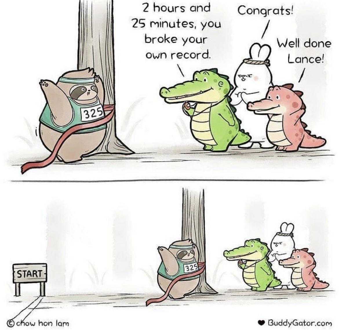 cartoon of a cartoon of a crocodile and a cat running a race