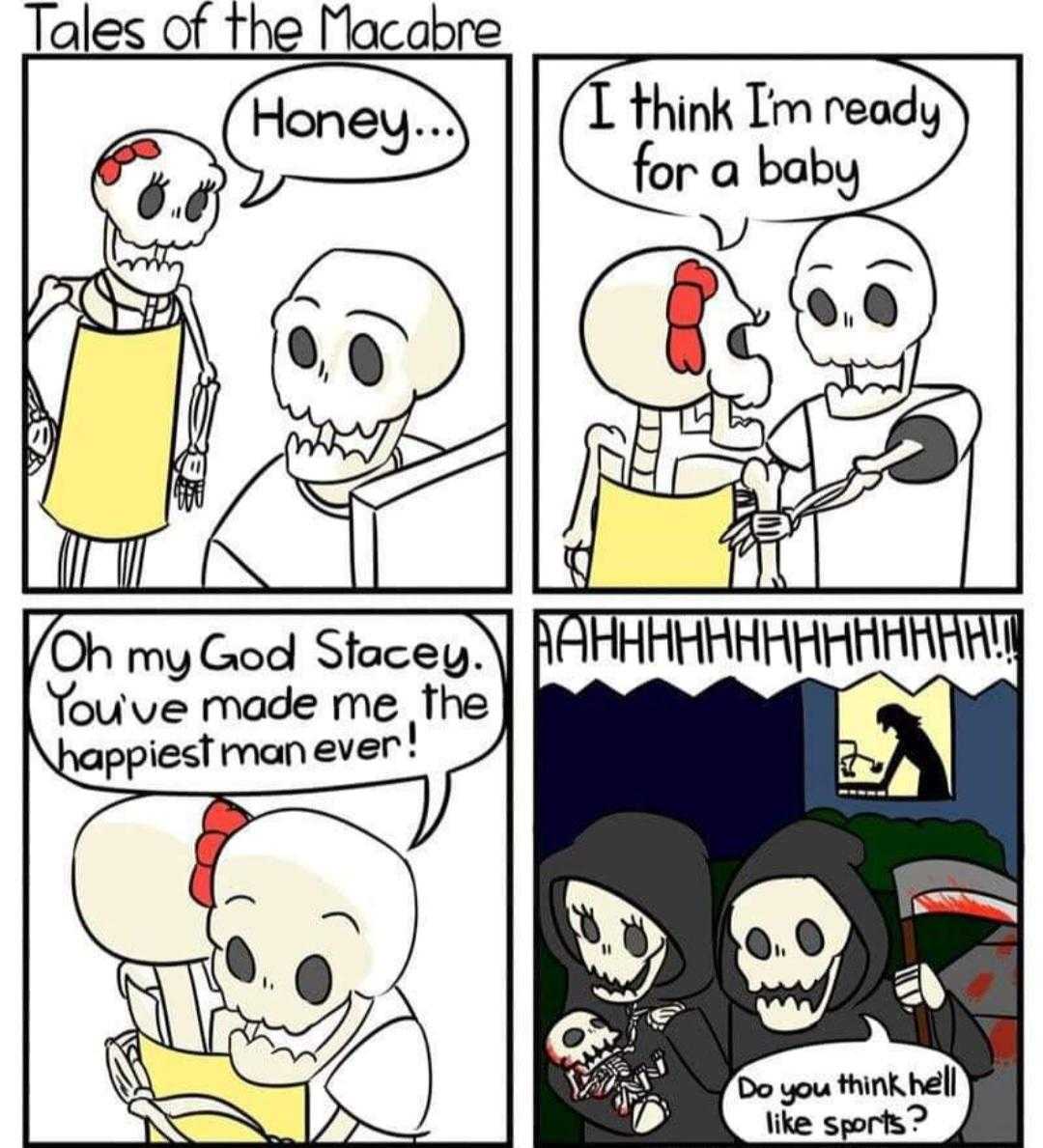 a cartoon of a couple of skeletons talking to each other