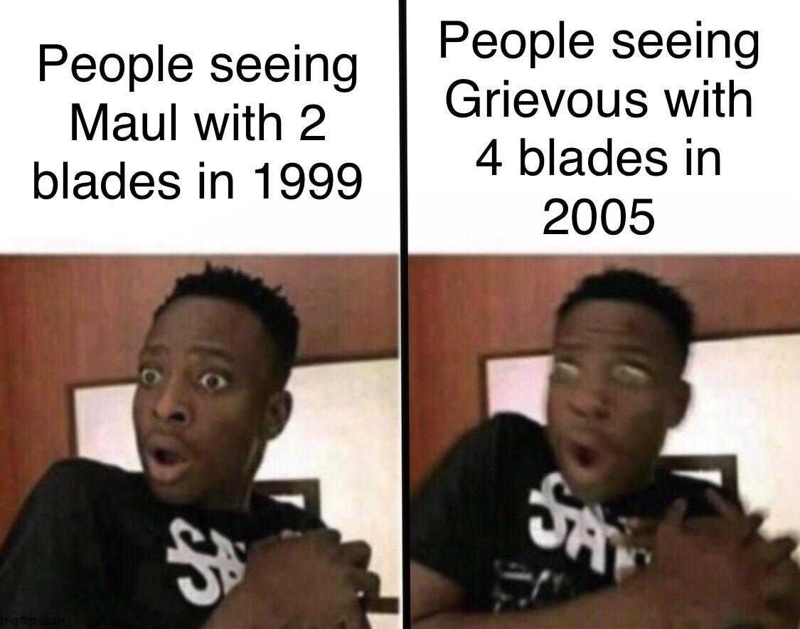 man with glasses and a black shirt with the words people seeing mau with 2 blades in 1995