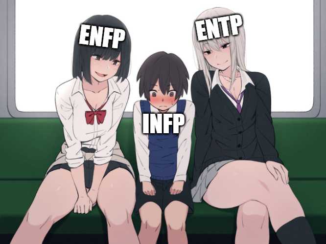 three anime girls sitting on a train with the caption enfp enfp