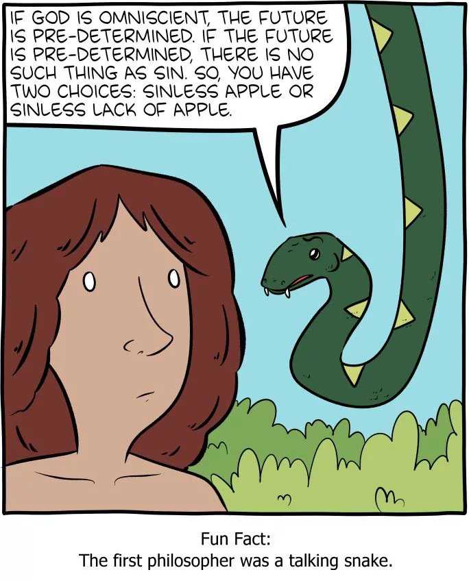 cartoon of a woman with a snake in her hand and a speech bubble above her