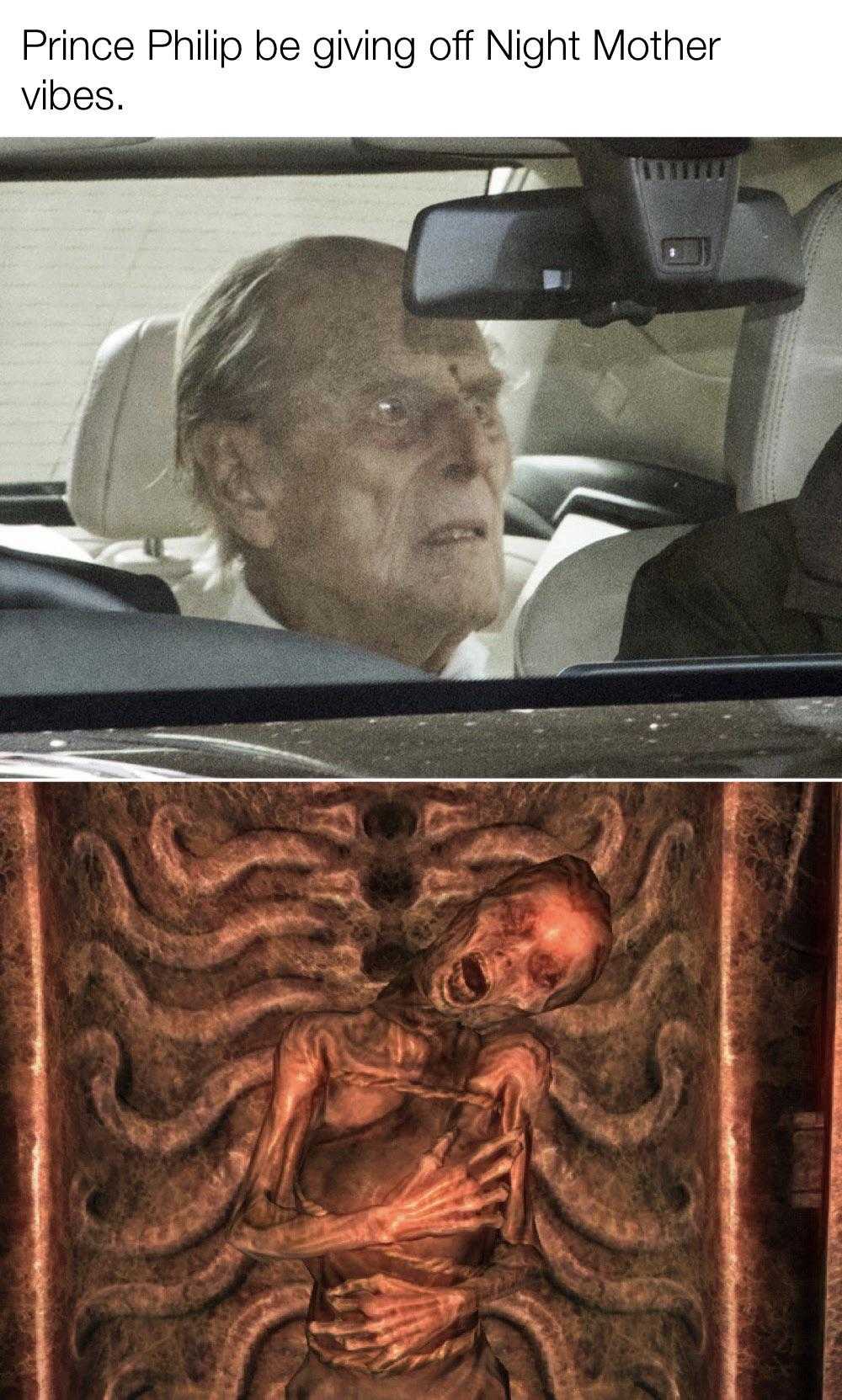 a picture taken from a car shows a man driving in the back seat and a picture of a man in a car with a skeleton on the front seat