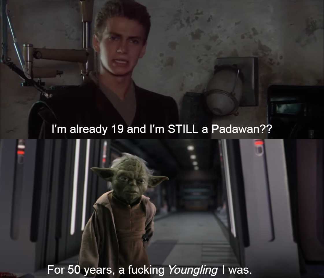 a picture taken from a movie showing a yoda in a hallway