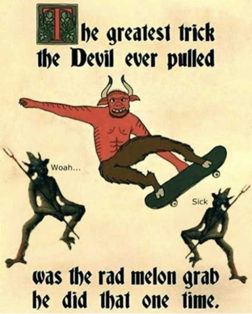 cartoon of a man on a skateboard with a devil on the back