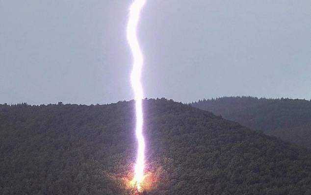 lightning striking a mountain with a small tree in the foreground