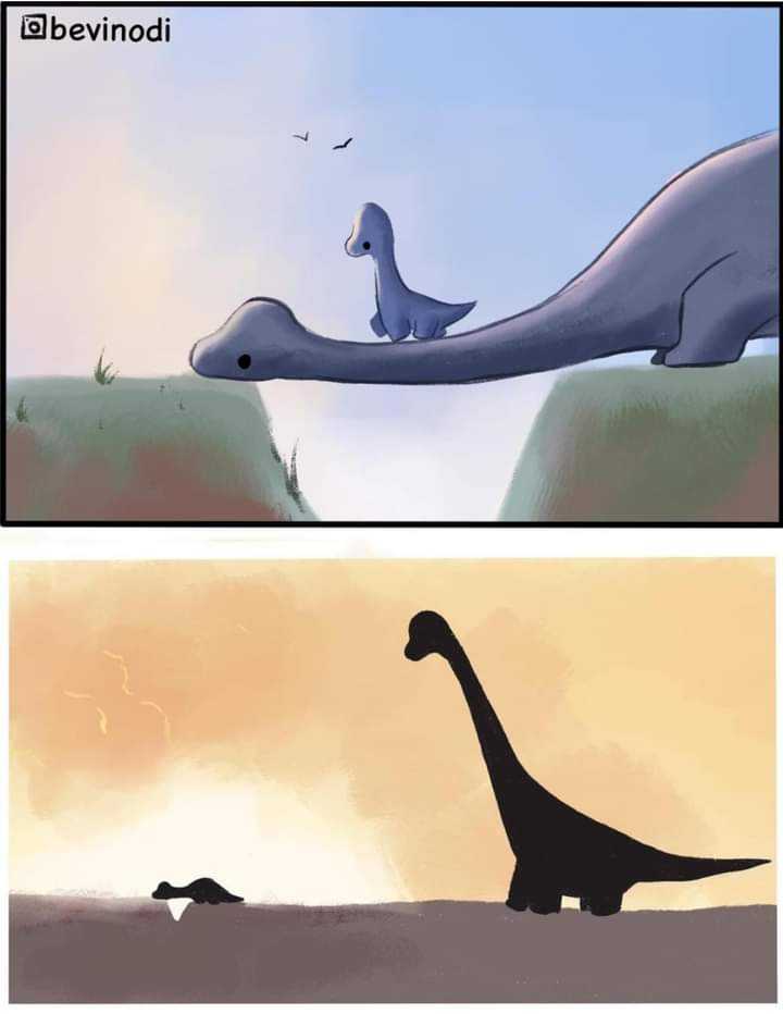 cartoon of a dinosaur and a small bird in a field