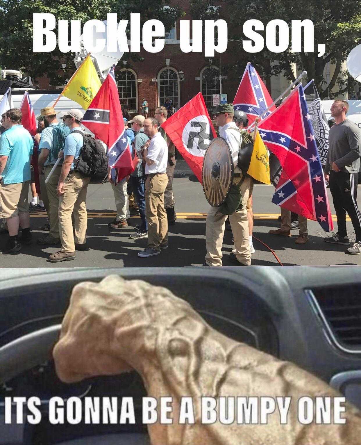 image of a man holding a flag and a dog in a car