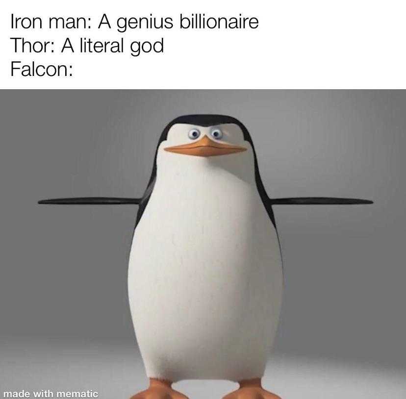 a penguin with a caption that reads, iron man a genius billaire falcon