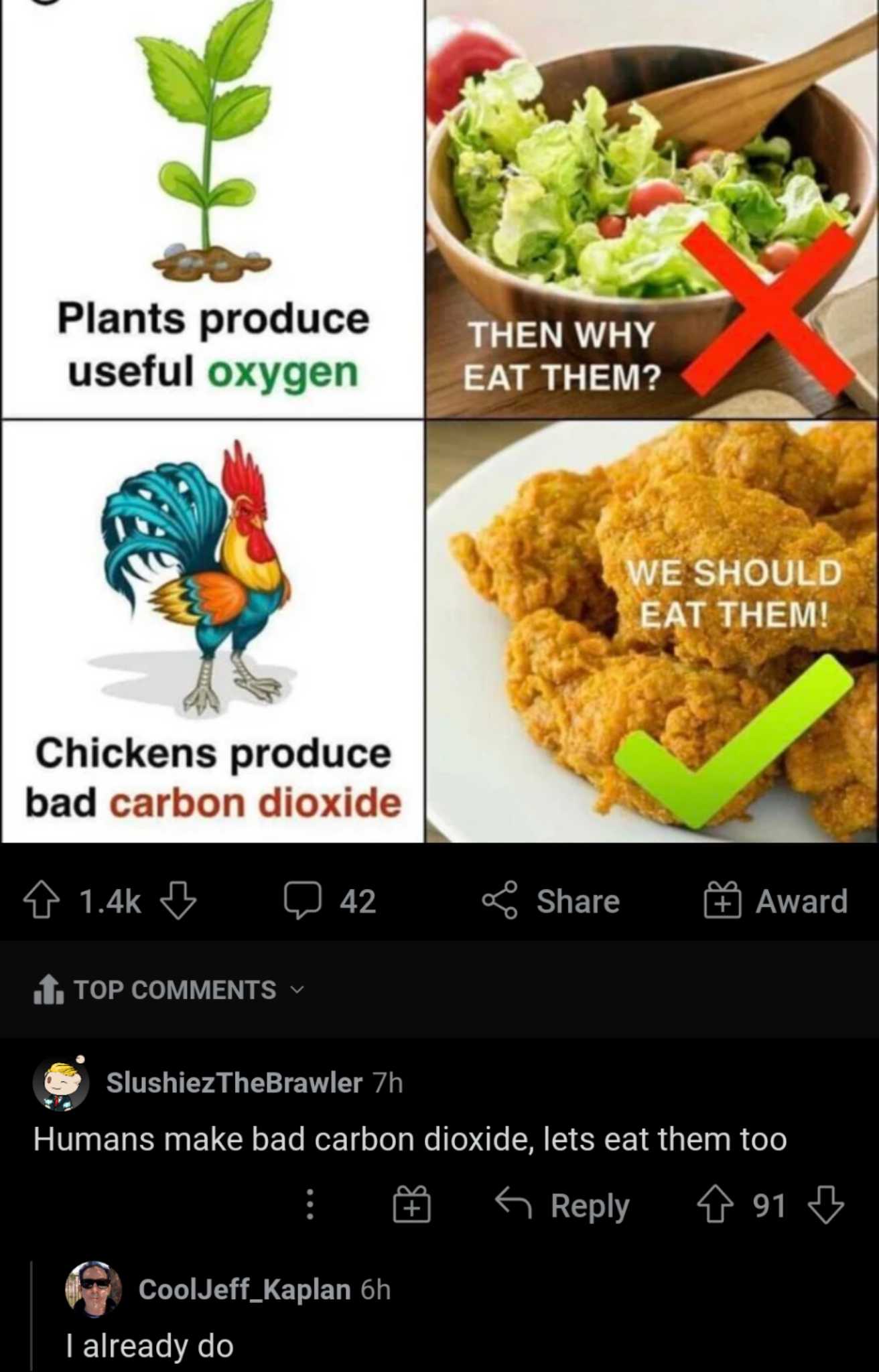 a screenshot of a twitter post with a picture of a chicken and a salad