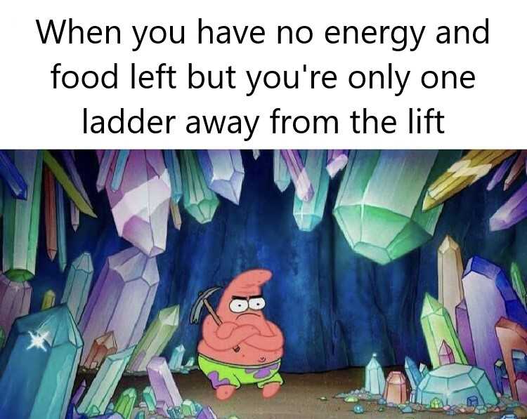 cartoon of spongebob in a cave with crystals and a caption that reads when you have no energy