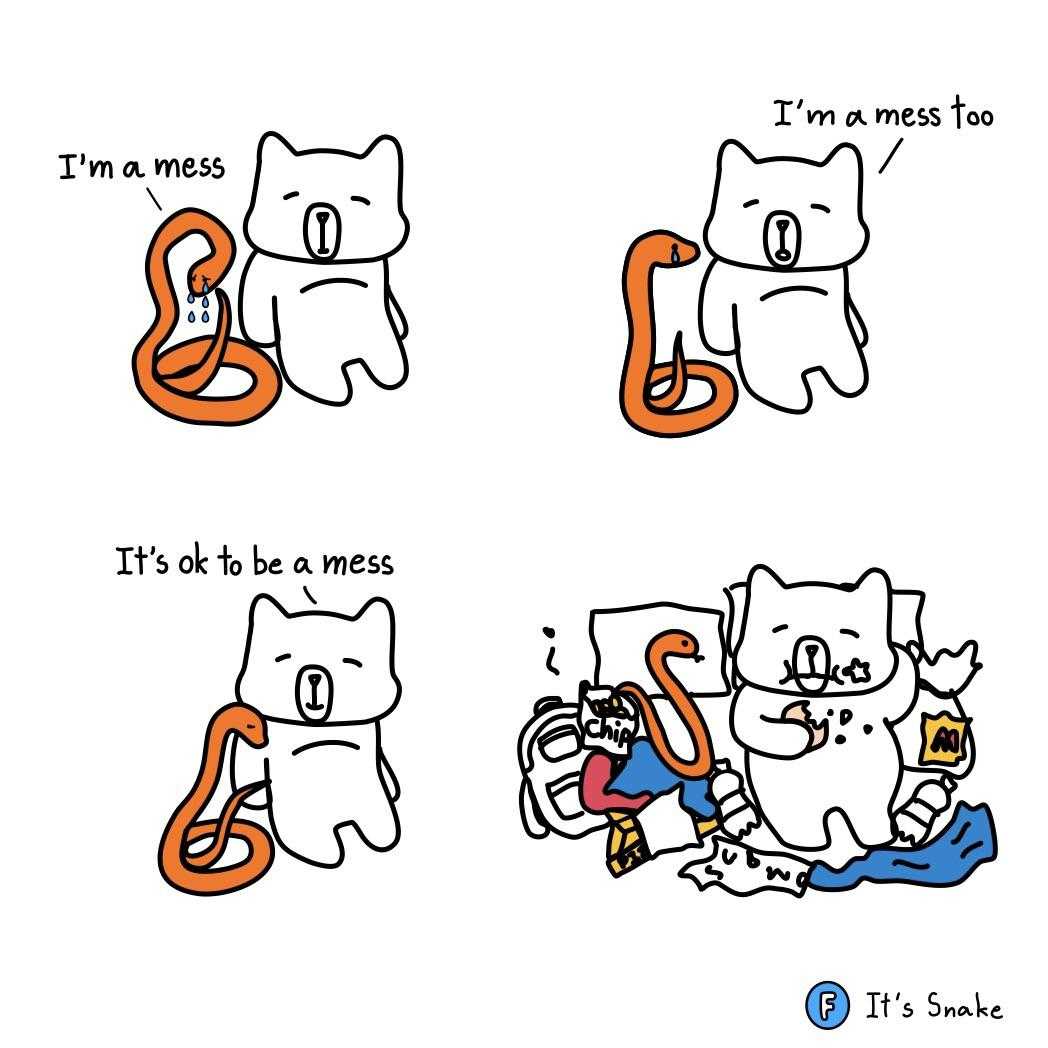 a cartoon drawing of a cat eating a bag of food