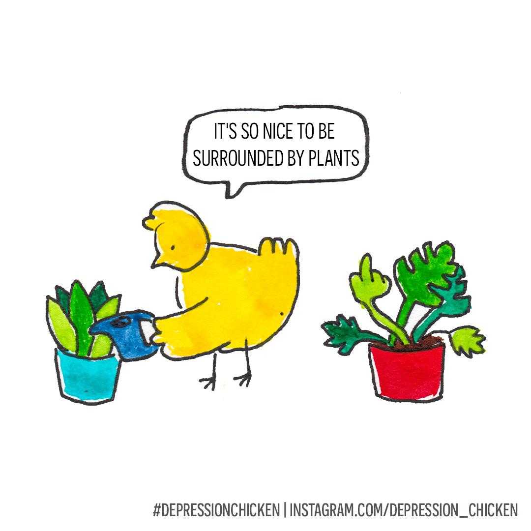 cartoon of a bird watering a potted plant with a speech bubble