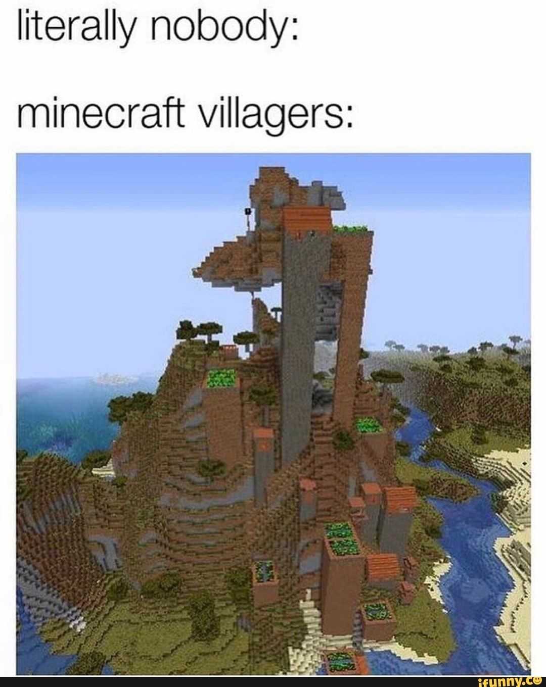 a picture of a minecraft village with a tower and a river