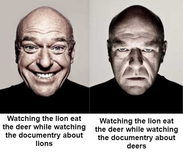 two pictures of a man with a funny face and a quote about watching the lion eat the deer