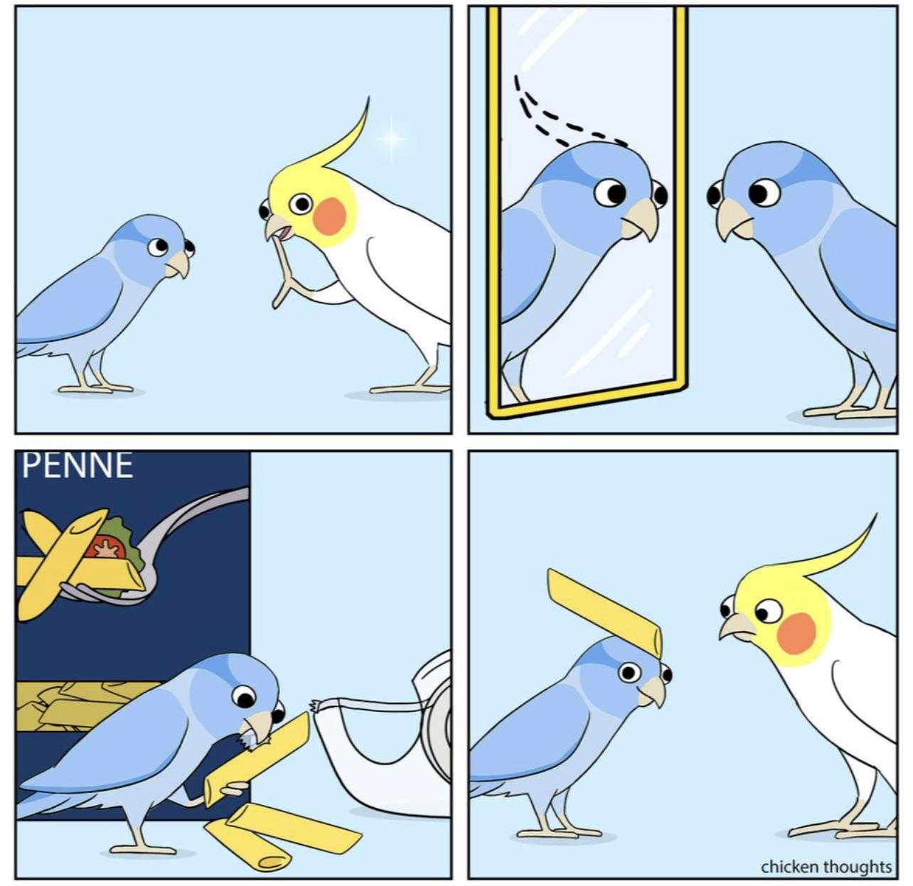 a cartoon of a bird is looking at a mirror and a bird is trying to get it