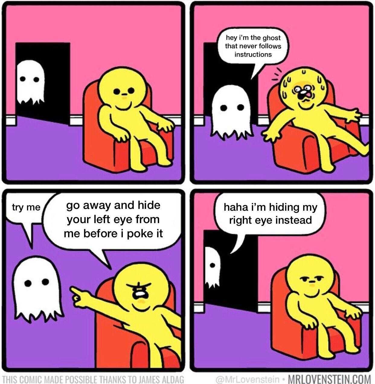 a cartoon of a yellow dog sitting in a chair with a ghost behind him