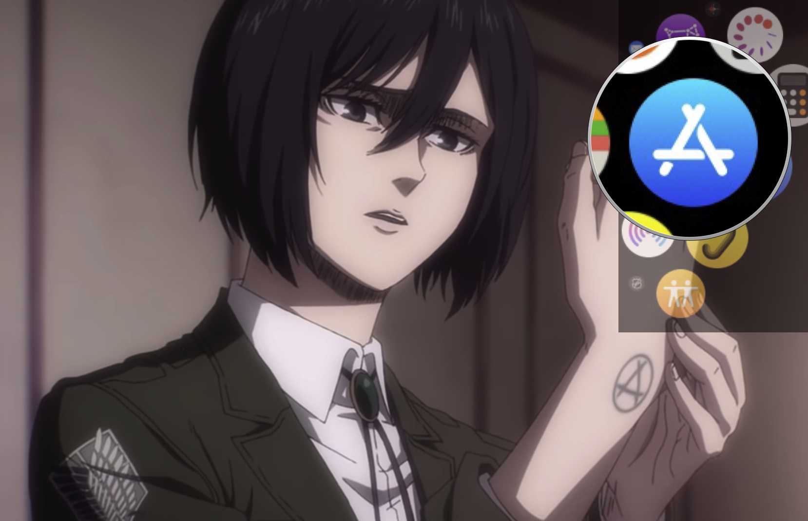 anime character with a tattoo on his arm and a button on his wrist