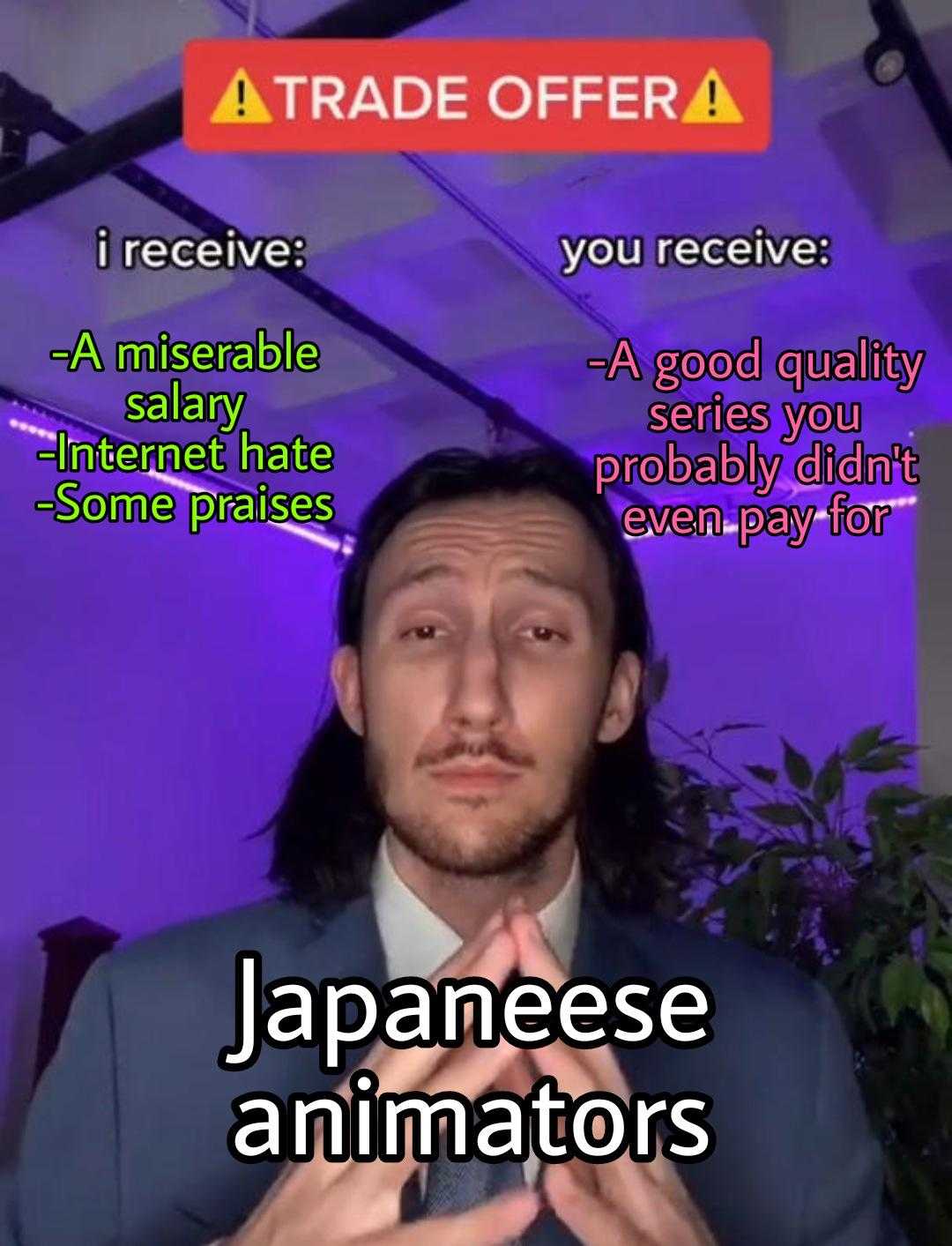 japanese guy in a suit with a quote about japanese animators