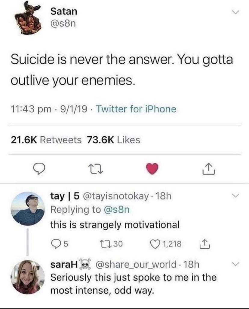 a screenshot of a twee with a caption of a woman saying suicide is never the answer