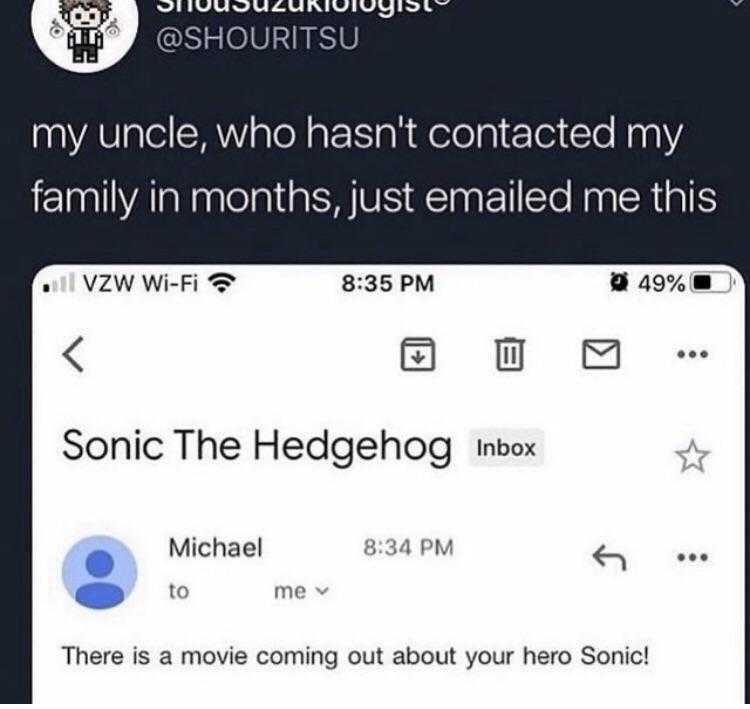 a screenshot of a twitter account with a tweet about sonic the hedgehog