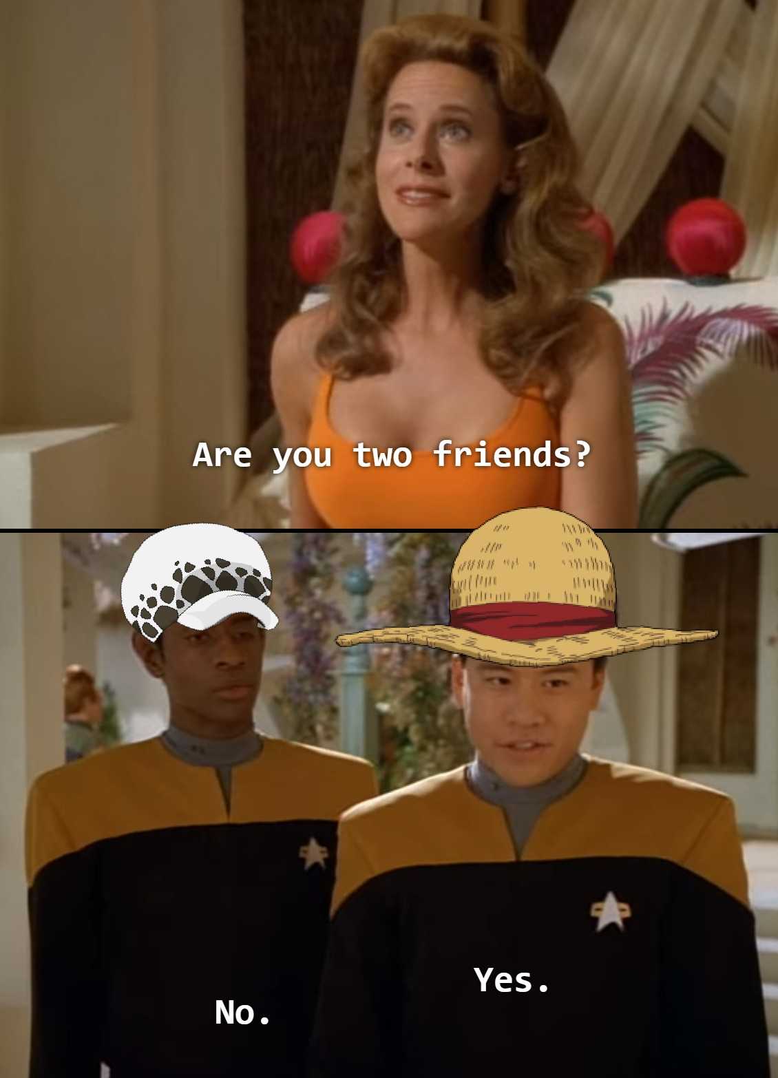 a couple of people in star trek outfits with hats on