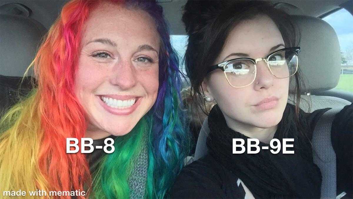 two women with colorful hair and glasses are smiling for the camera