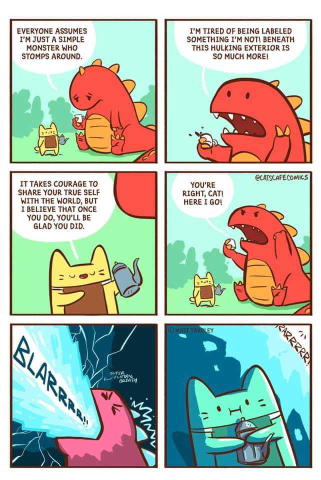 a comic strip with a cartoon of a cat and a dragon eating food