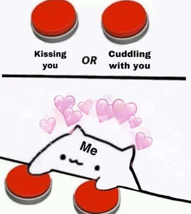 cartoon of a cat with hearts on its head and a caption of kissing or cuddling with you