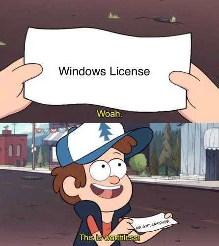 cartoon of a man holding a sign that says windows license wear this is what happens