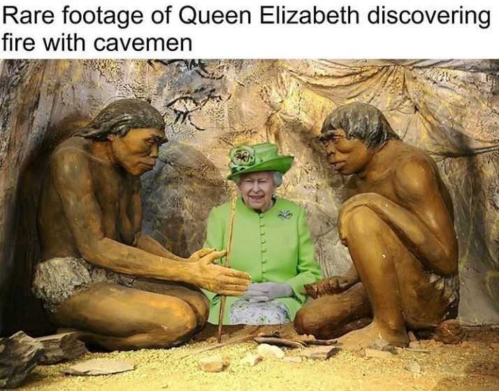 araffe image of queen elizabeth discovering fire with cavemen