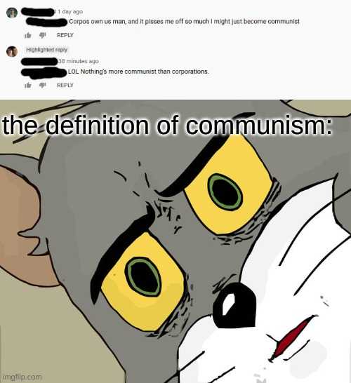 a cartoon cat with yellow eyes and a caption that says, the definition of communism