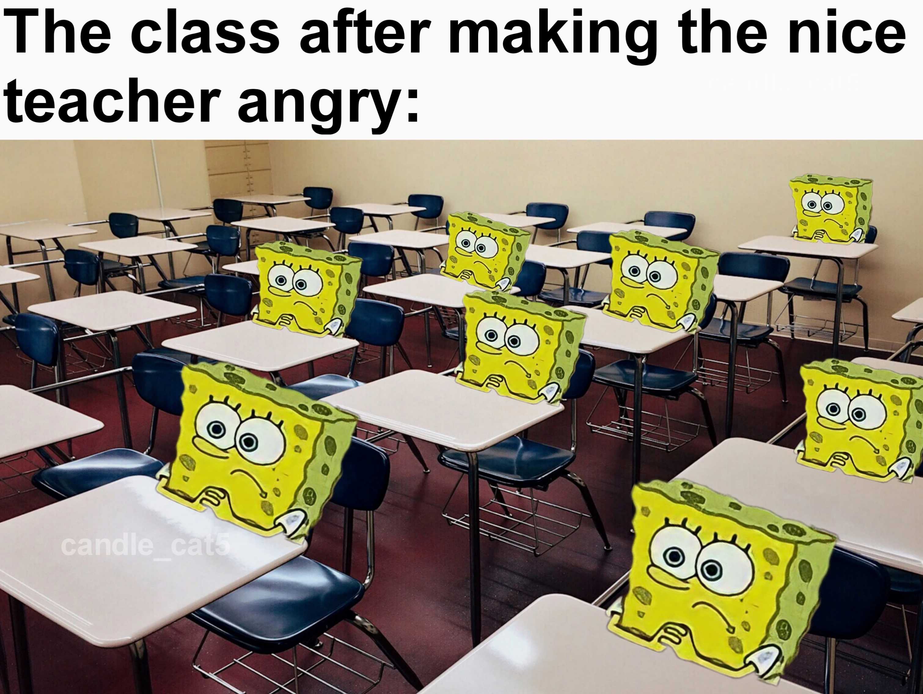 there are many tables and chairs in a classroom with spongebob cushions