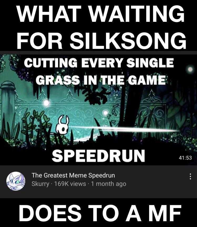 a close up of a cell phone with a text that reads what waiting for silksong cutting every single grass in the game