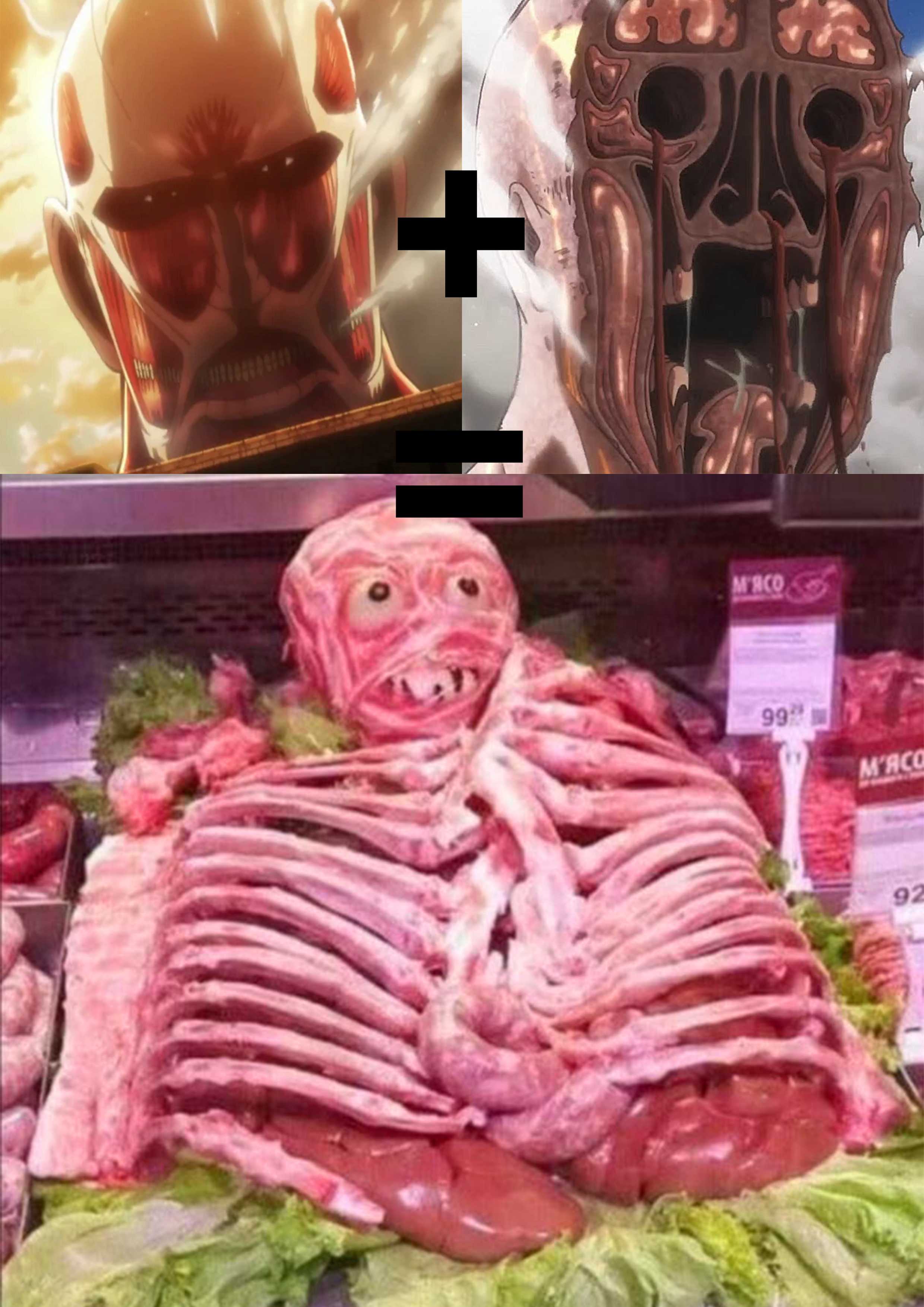 there are two pictures of a meat and meat skeleton in a store