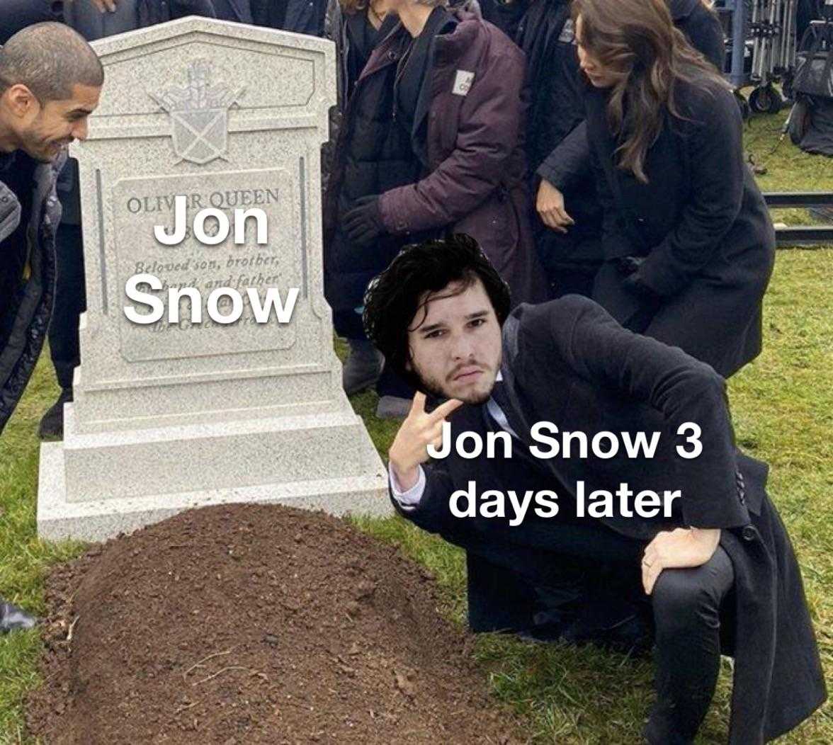 image of a man kneeling in front of a grave with a sign that says jon snow 3 days later