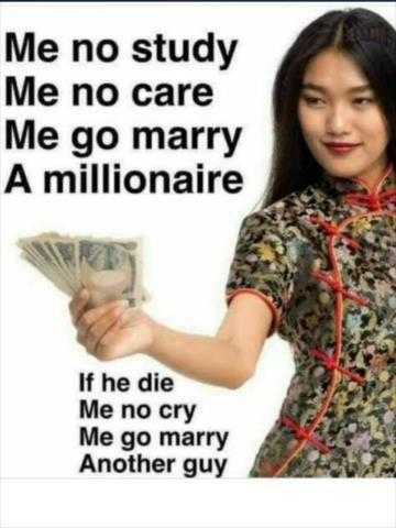 a woman holding a stack of money in her hand with a caption that reads me no study me no care me go marry a millionaire