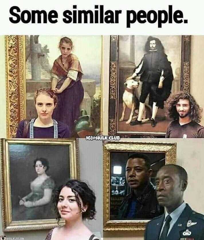 there are four pictures of people that are standing in front of paintings