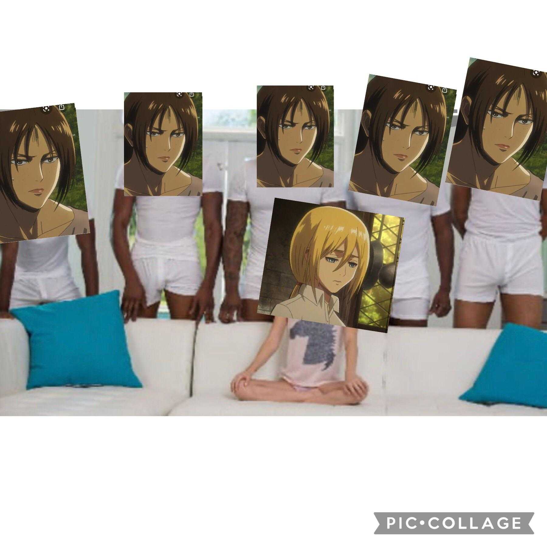 picture of a woman sitting on a couch with six pictures of herself