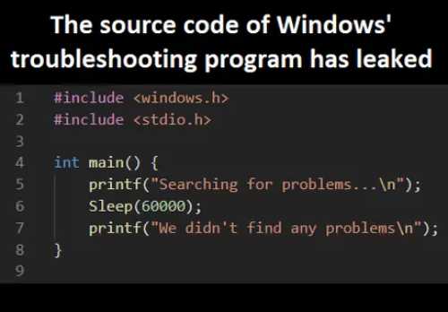 a black screen with a white text that says the source code of windows troubleshooting program has leaked